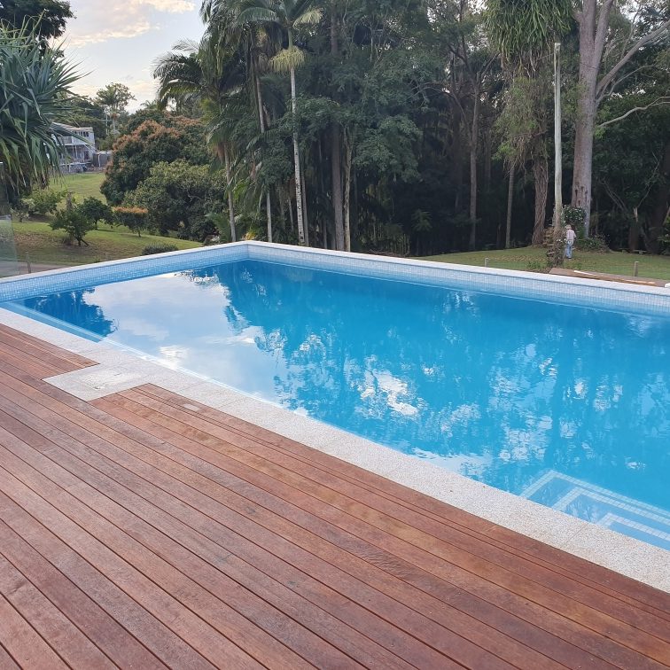 Sloping block pool built in rosemount above ground pool mosaic waterline tiles build sunshine coast